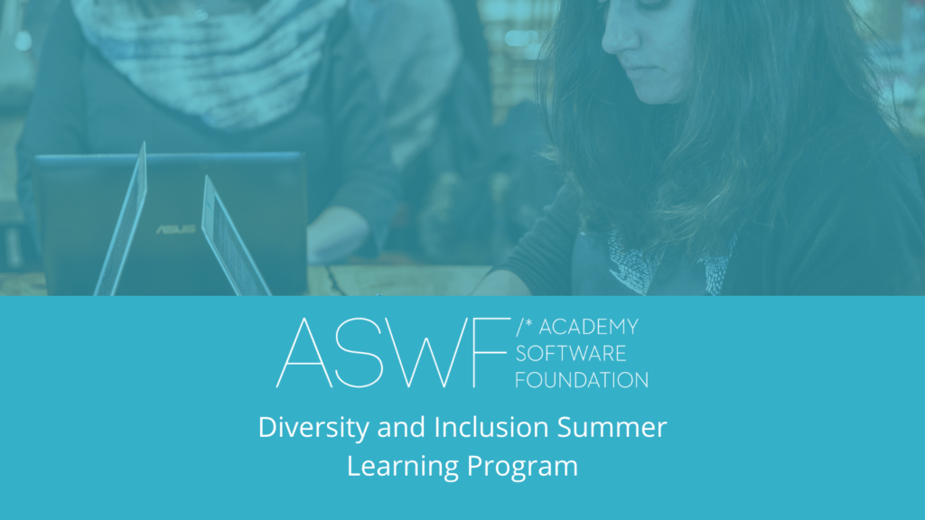 Woman coding ata table with text ASWF, Academy SOftware Foundation Diversity and Inclusion SUmmer Program.