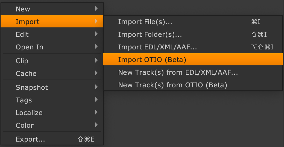 Screen shot showing OTIO support in Foundry's Nuke Studio