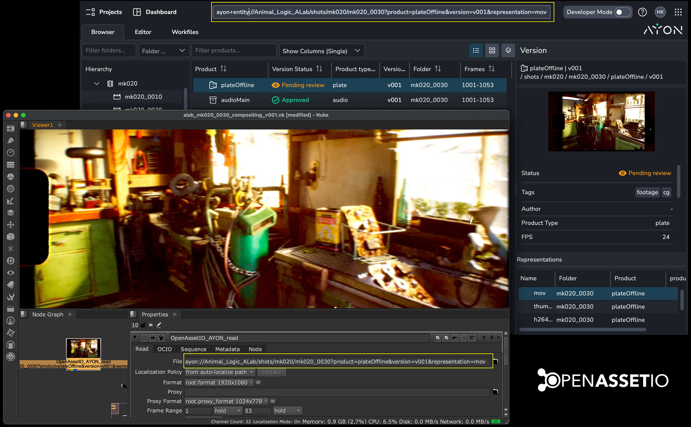 An image sequence being loaded in to Foundry's Nuke using an entity reference from Ynput’s AYON, with no custom pipeline code involved